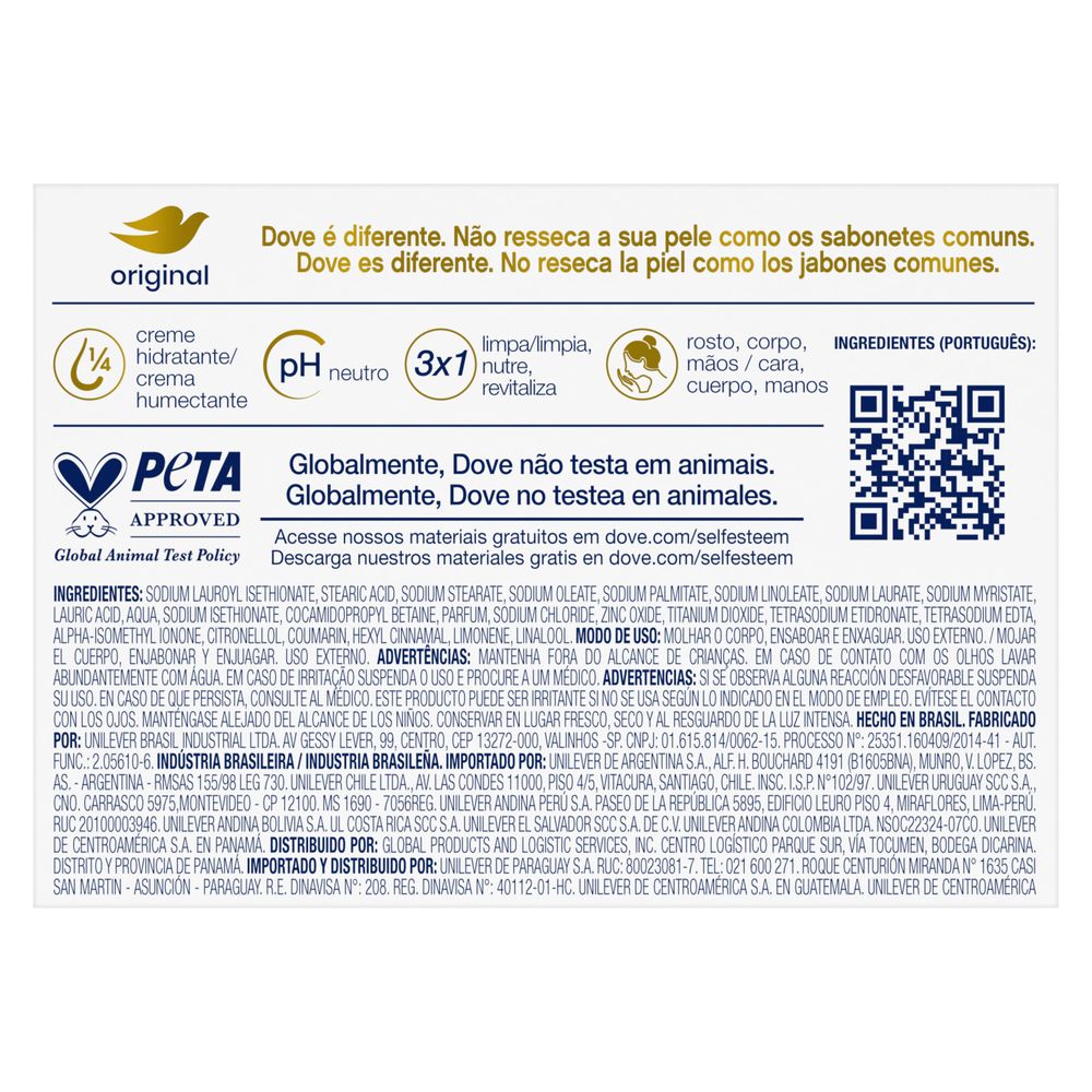Parte traseira da embalagem do sabonete Dove com informações e selos
