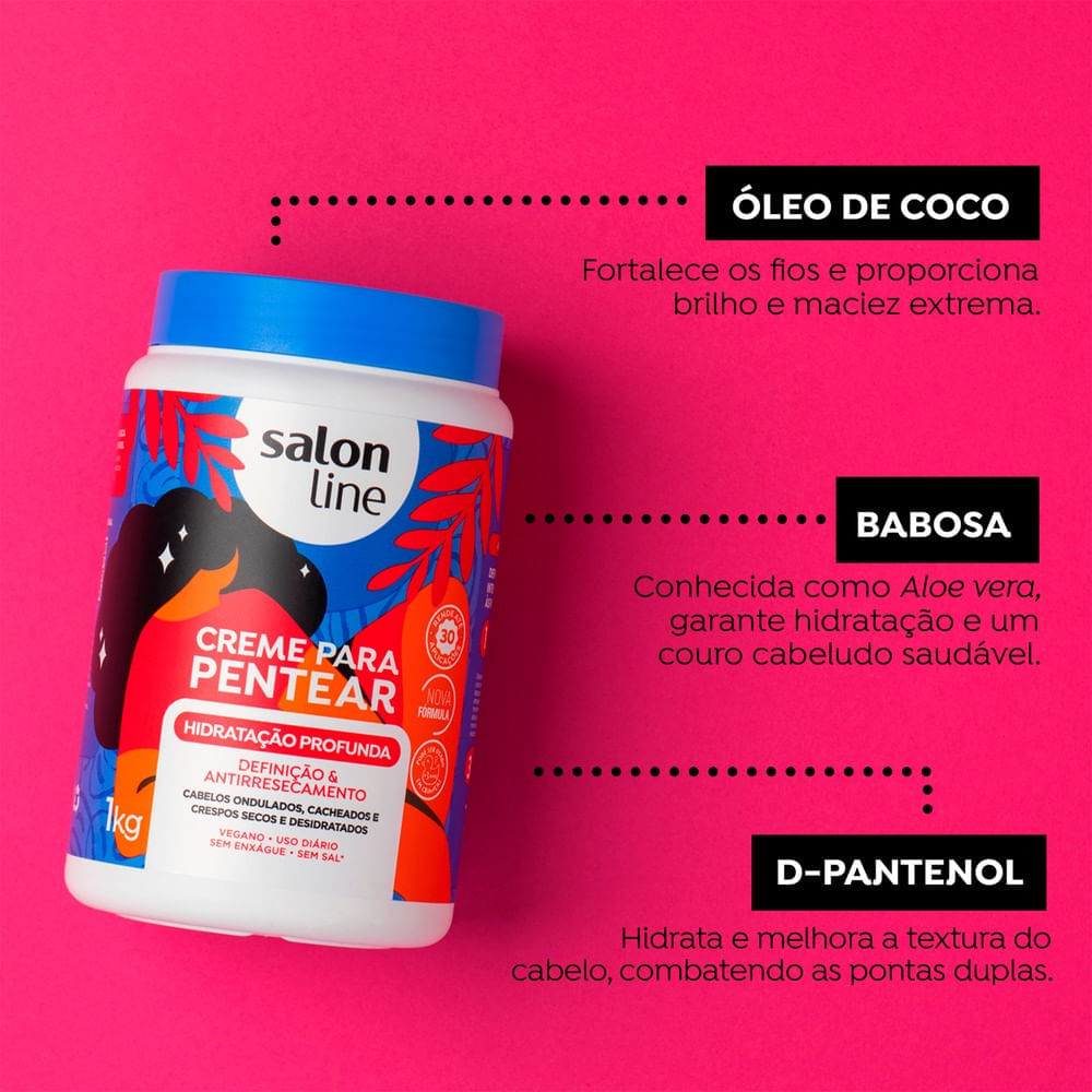Ingredientes ativos: óleo de coco, babosa e d-pantenol destacados em fundo rosa