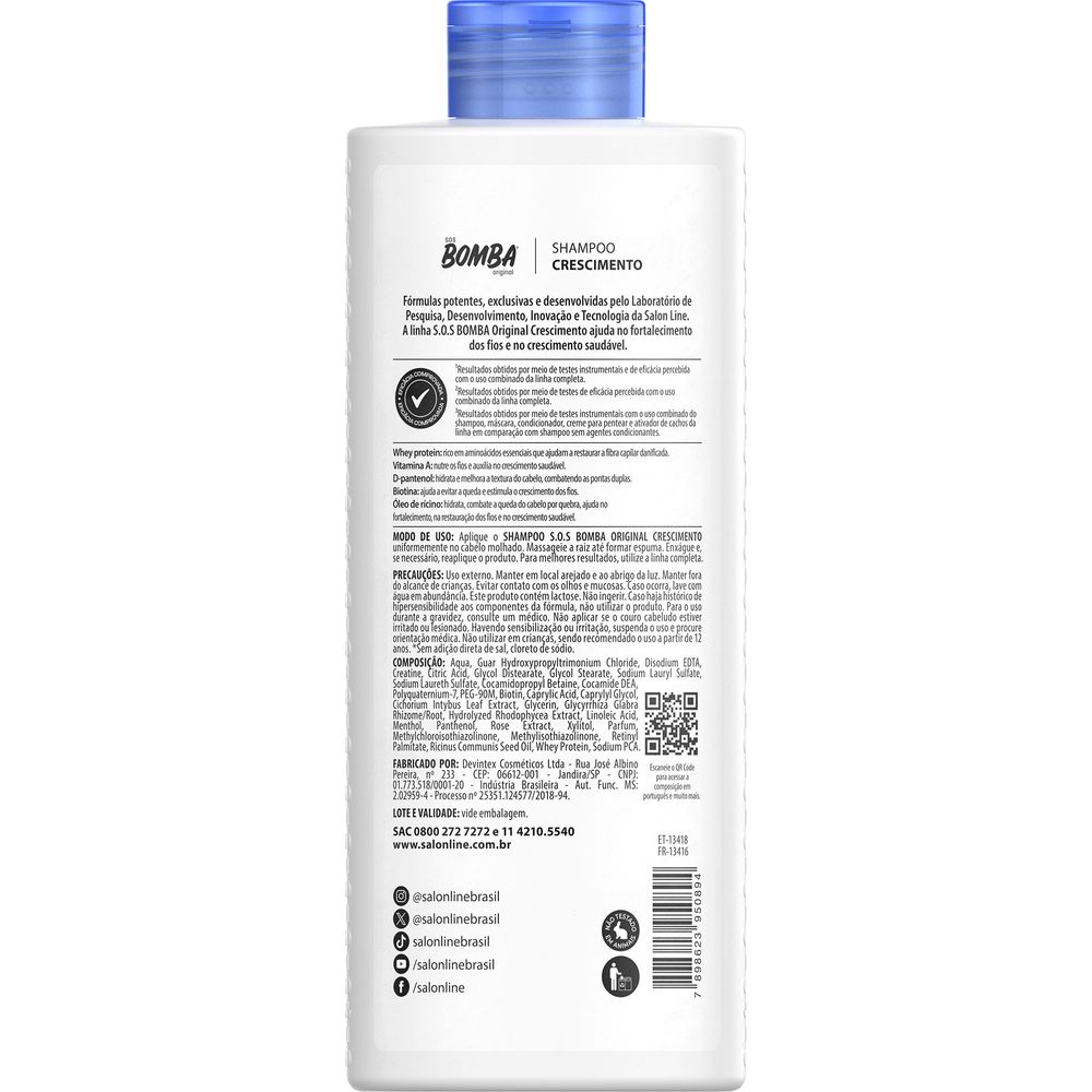 Verso da embalagem com ingredientes e modo de uso do Shampoo Salon Line S.O.S Bomba