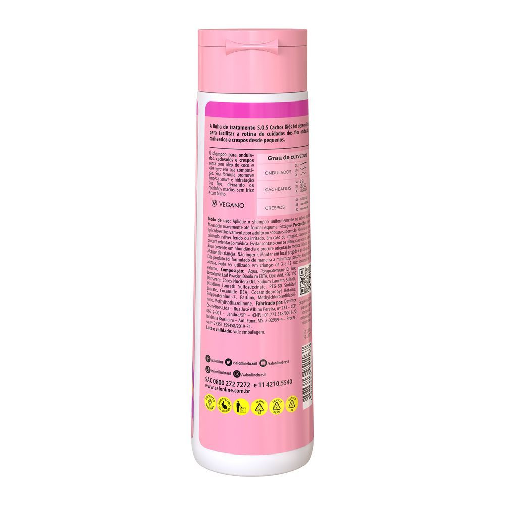 Verso do frasco com informações e composição do Shampoo Salon Line SOS Cachos Kids
