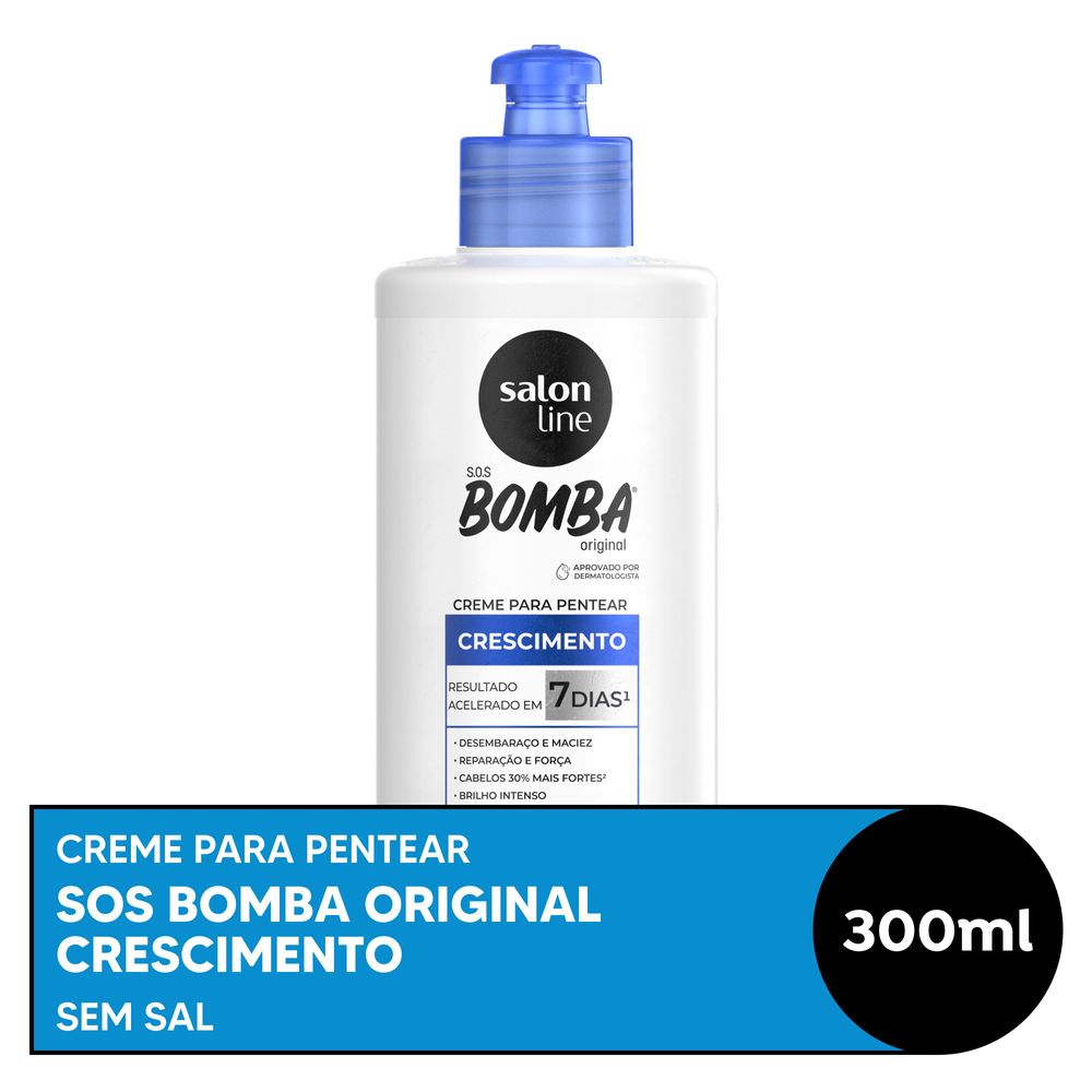 Frasco branco com tampa azul translúcida do Creme para Pentear Salon Line SOS Bomba Original 300ml