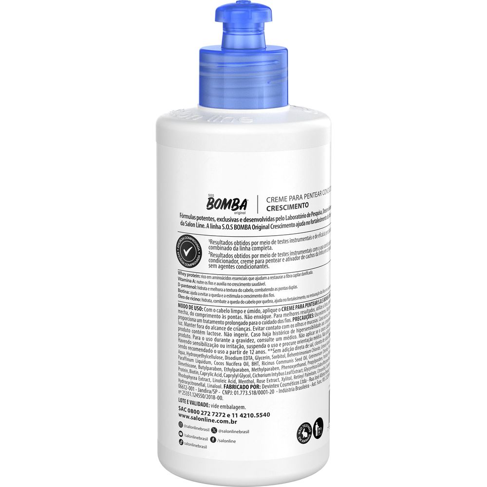 Parte traseira do frasco mostrando ingredientes ativos e modo de uso do Creme para Pentear Salon Line SOS Bomba 300ml