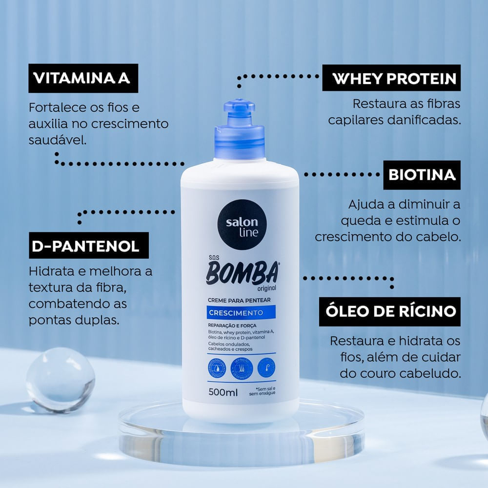 Frasco do Creme para Pentear Salon Line S.O.S Bomba em pedestal com destaque dos ativos