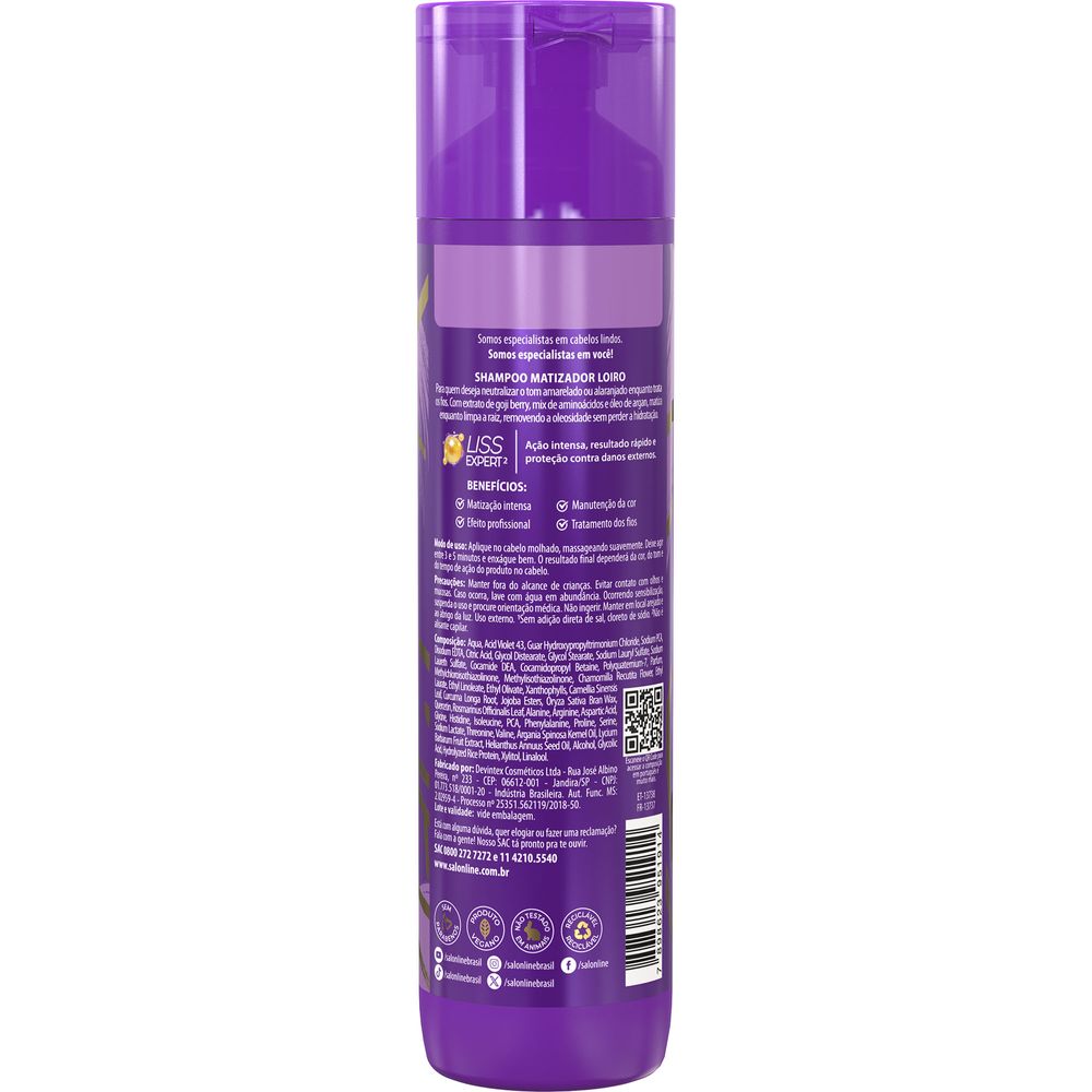 Verso do frasco com informações do Shampoo Meu Matizador Loiro Salon Line 300ml
