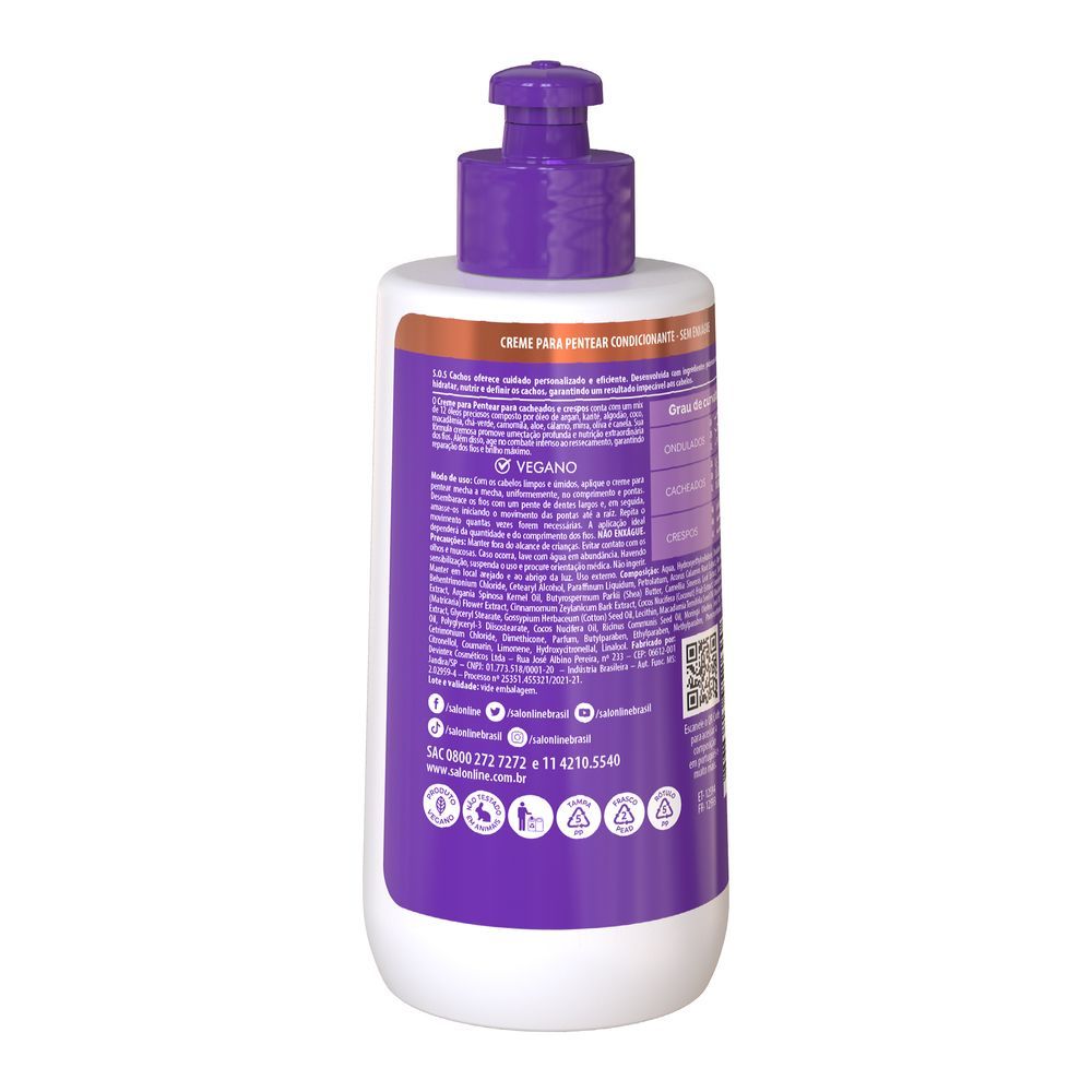 Lateral da embalagem com instruções e composição do creme Salon Line SOS Cachos