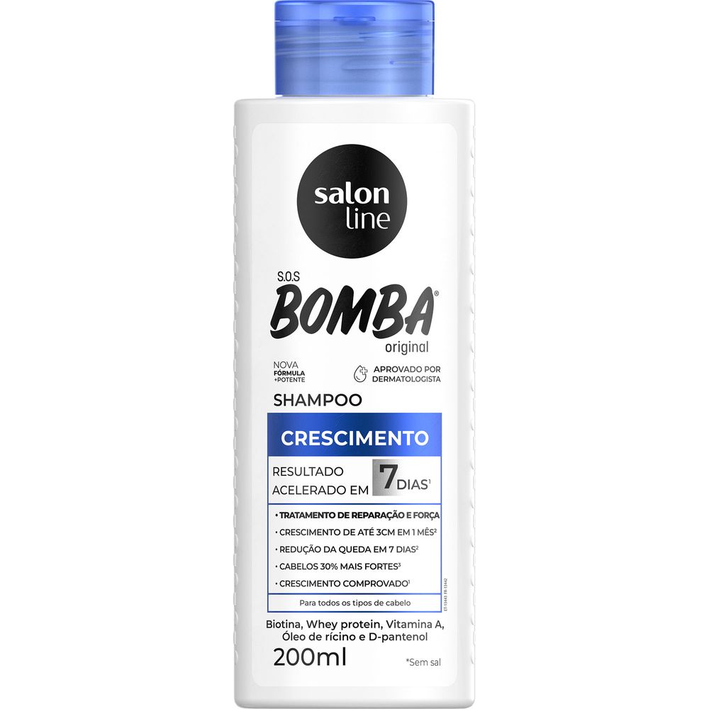 Frasco de shampoo Salon Line S.O.S Bomba Original 200ml mostrando rótulo e principais ativos