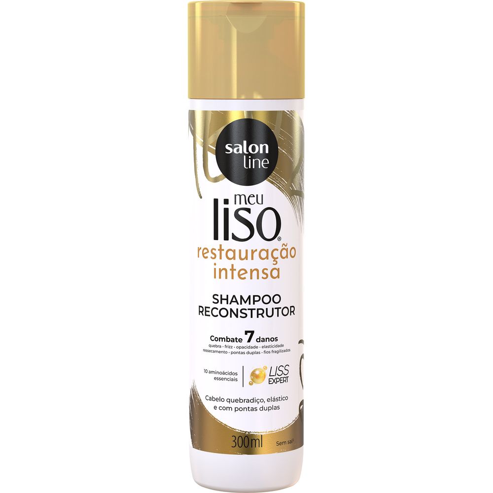 Imagem frontal do frasco do Shampoo Salon Line Meu Liso Restauração Intensa 300ml destacando embalagem