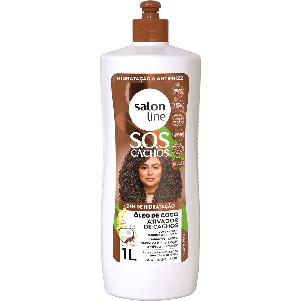 Ativador de Cachos Salon Line SOS Coco 1000ml frontal destacando benefícios e indicação de curvatura