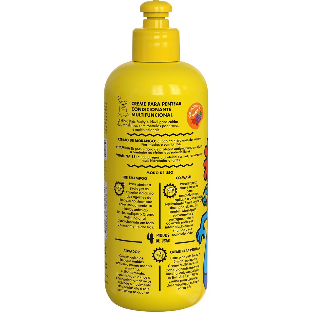 Verso do produto mostrando modo de uso e composição do Hidra Multy Kids