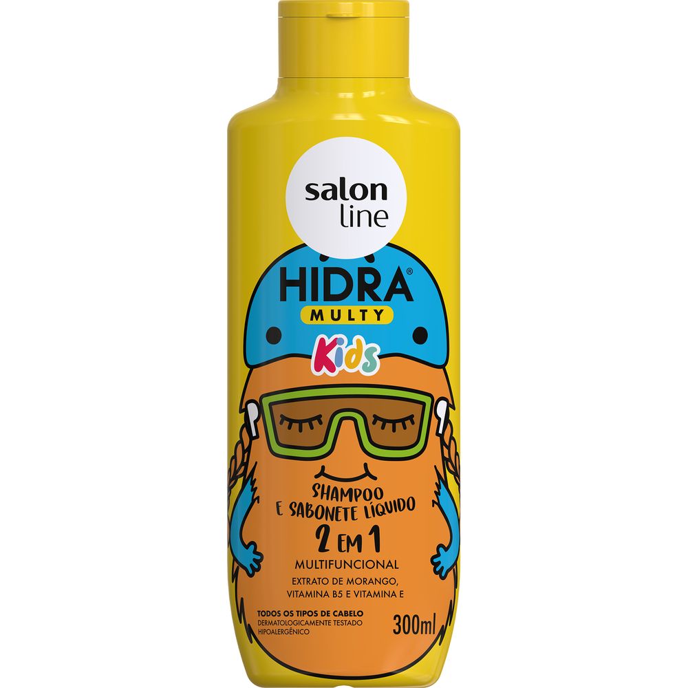 Frasco do shampoo Hidra Multy Kids Salon Line 300ml amarelo com personagem infantil