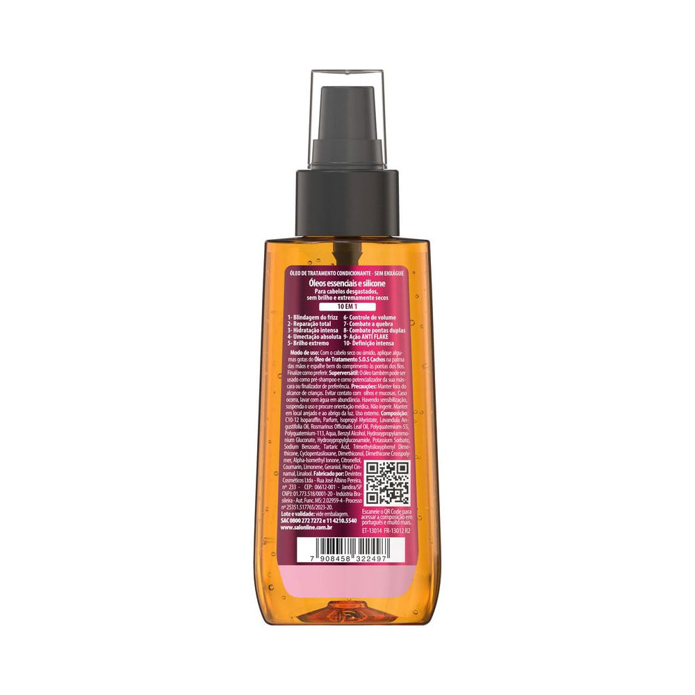 Verso da embalagem com ingredientes e modo de uso do óleo SOS Cachos Salon Line