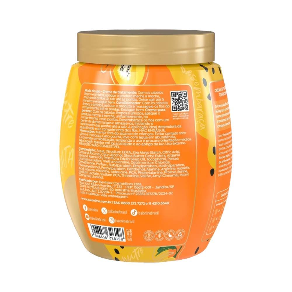 Vista traseira do pote Cachos dos Sonhos Multy Milagres 1kg com modo de uso