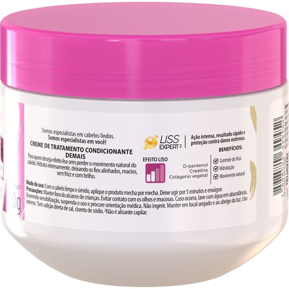 Detalhes da embalagem e composição da Máscara Capilar Salon Line Meu Liso Demais 300g