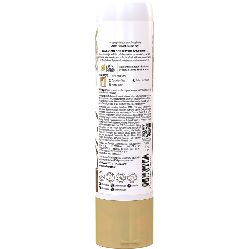 Verso da embalagem com informações e ingredientes do Condicionador Salon Line Meu Liso Restauração Intensa 300ml