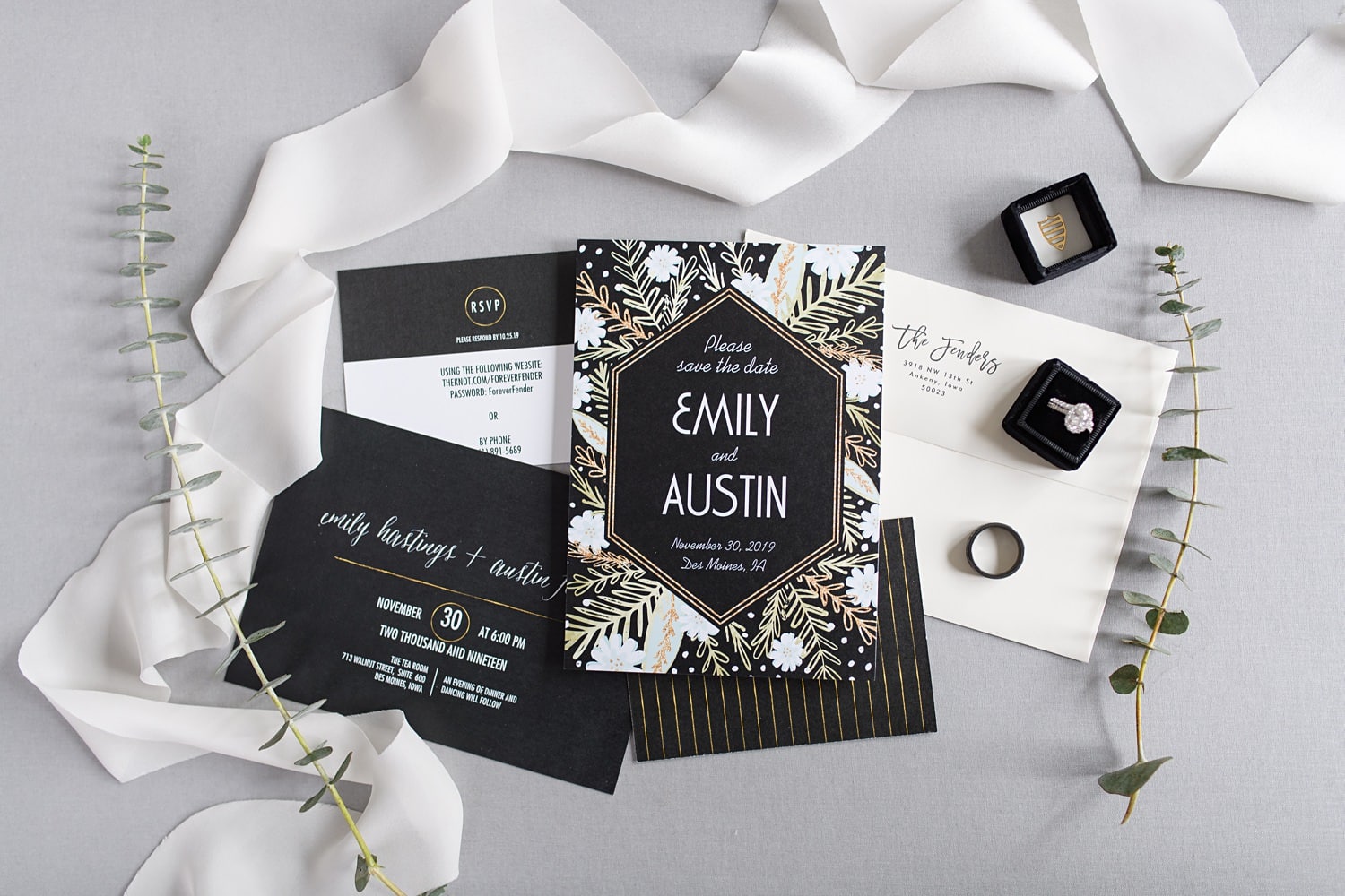 black and gold invitation suite