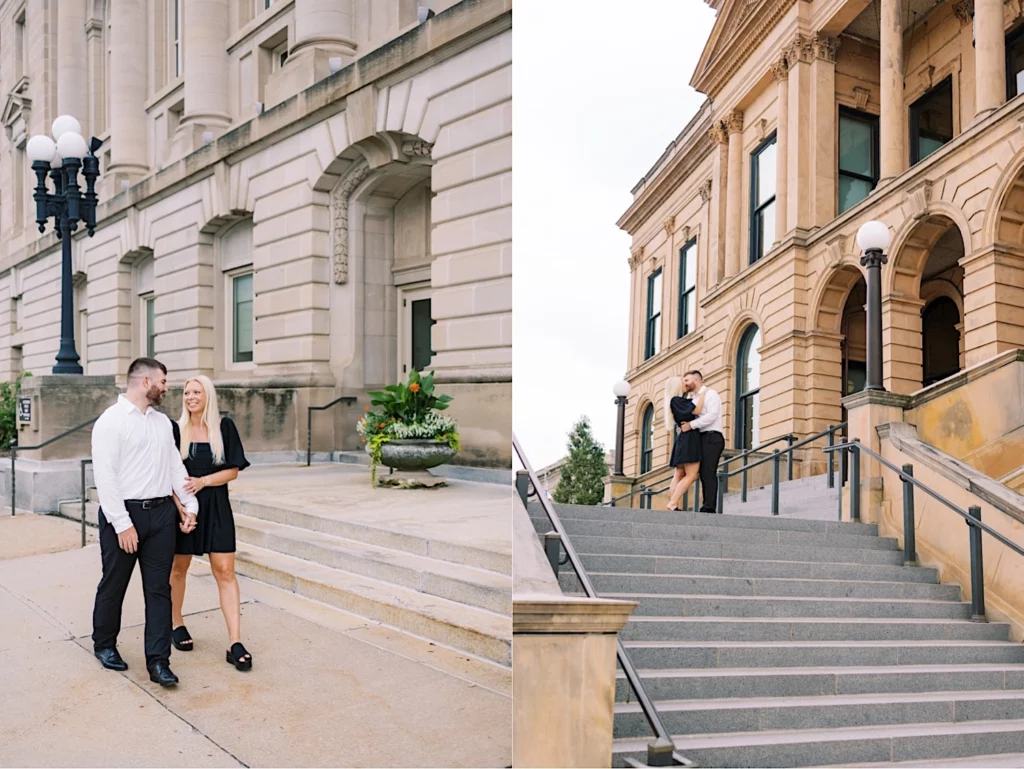 Downtown Des Moines engagement photos at World Food Prize building
