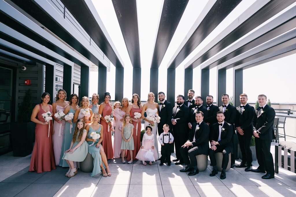 Elegant wedding party on rooftop terrace, scenic city view, bridal party, bridesmaids, groomsmen, wedding celebration, Jennifer Weinman Photography.