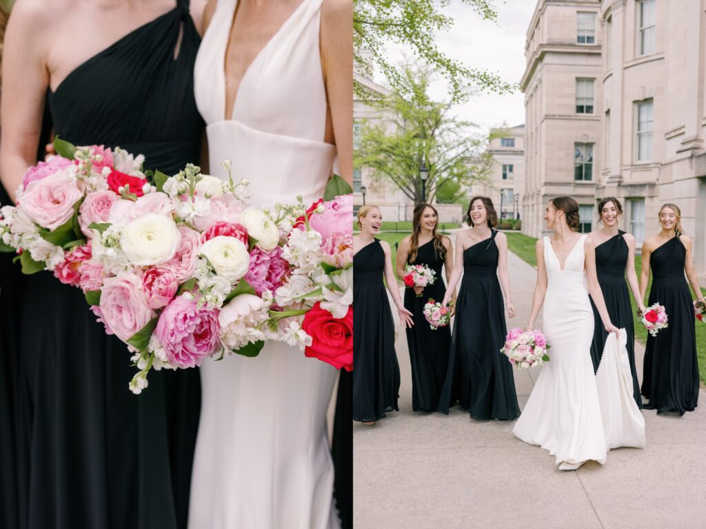 timeless Wedding photos of bridesmaids with black dresses at University of Iowa with long wedding veil and pink peony wedding bouquet