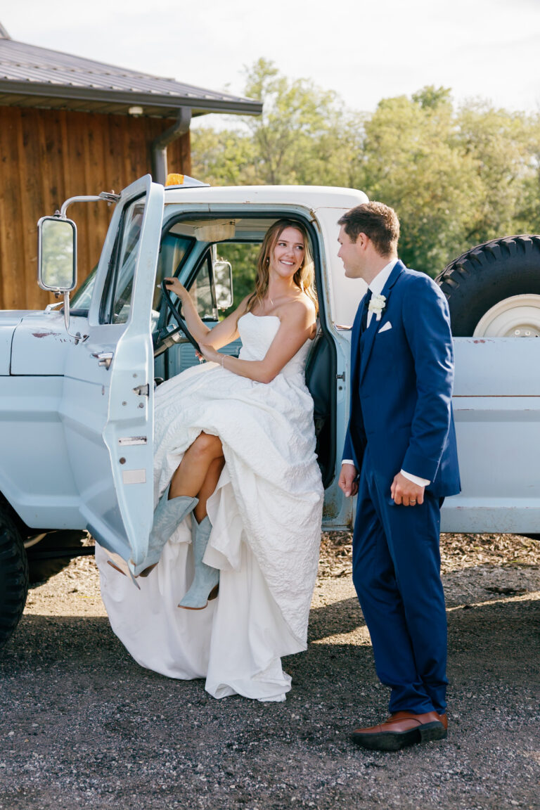 Country Lane Lodge wedding with vintage highboy blue truck