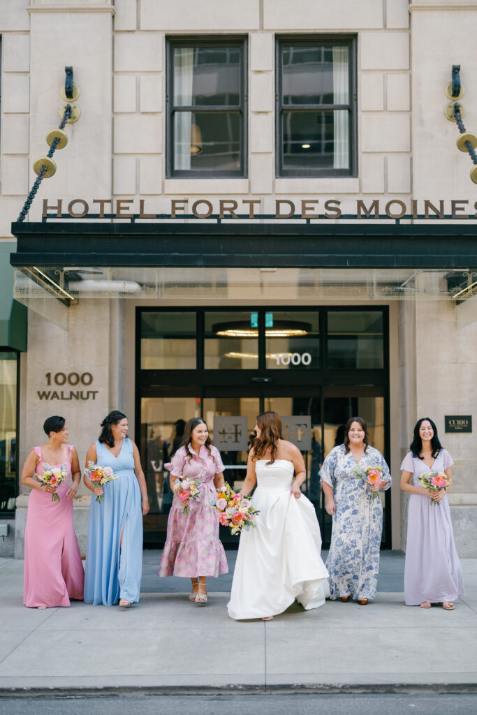 pastel floral patterned bridesmaid dresses at Hotel Fort Des Moines