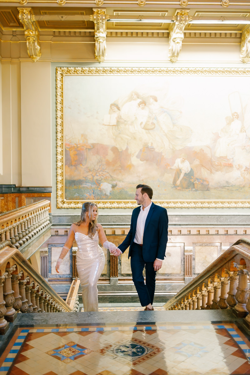 Bride in sparkly gown at Des Moines capitol