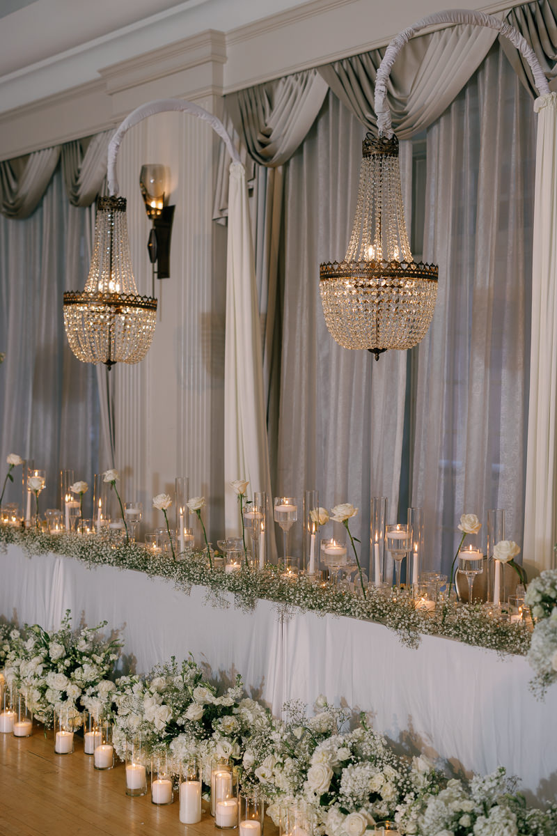 Ivory and white wedding reception at Hotel Fort Des Moines with hanging chandeliers