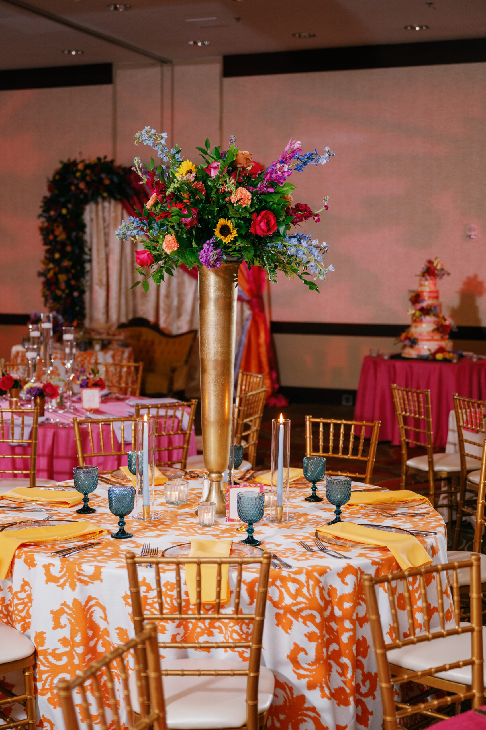 Des Moines Indian wedding reception details with colorful flowers