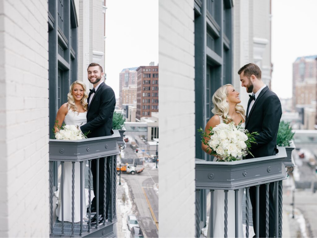 Des Moines Tea Room Juliette balcony photos of bride and groom