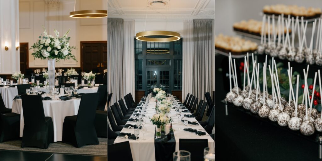 Black and white reception details at Des Moines tea room