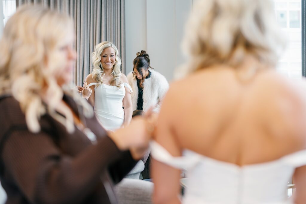 bride gets ready for wedding at tea room