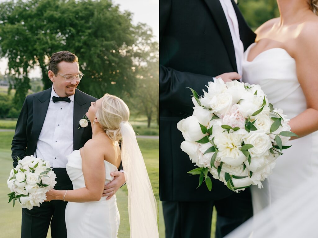 white wedding bouquet with rose and peonies golden hour photos at glen oaks