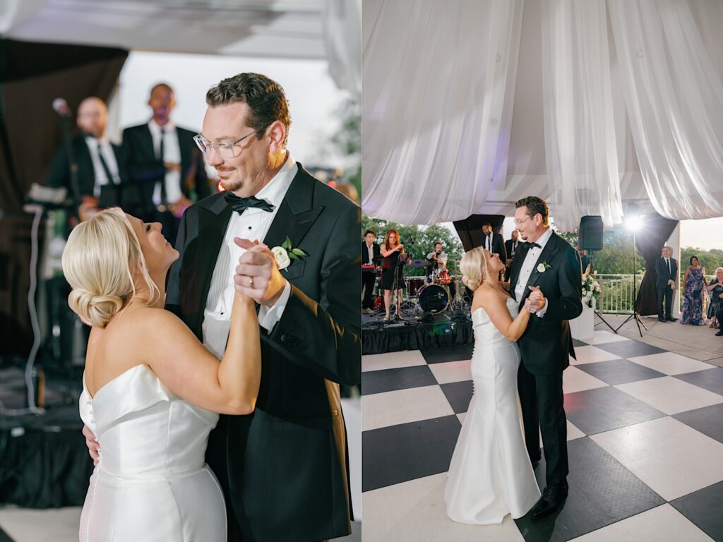 checkerboard dance floor wedding reception in Des Moines