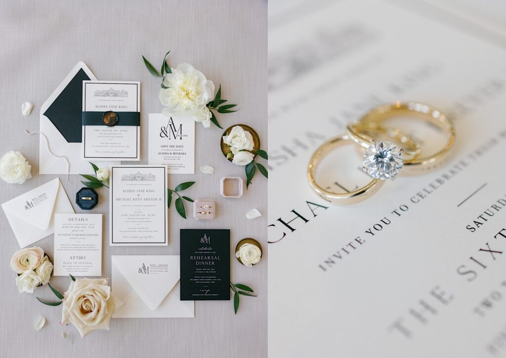Diamond-solitaire-wedding-ring-with-gold-band-josephs-jewelers_White-and-black-wedding-stationery.
