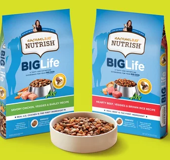 Dog food bags and food in bowls