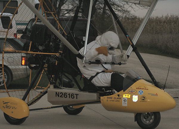 Pilot is ready to take off in the trike for a test flight.