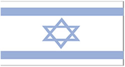 white with a blue hexagram (six-pointed linear star) known as the Magen David (Shield of David) centered between two equal horizontal blue bands near the top and bottom edges of the flag; the basic design resembles a Jewish prayer shawl (tallit), which is white with blue stripes; the hexagram as a Jewish symbol dates back to medieval times