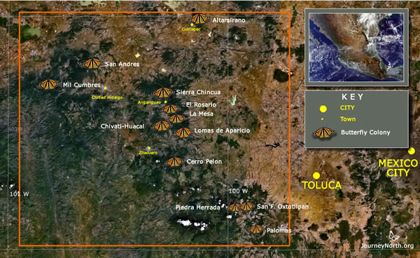 Map: Location of monarch butterfly overwintering region in Mexico