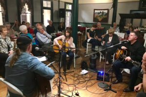 Tom Jutz, Irene Kelley, and Milan Miller perform at The Balsam Mountain Inn (3/25/17) - photo by Terry Herd
