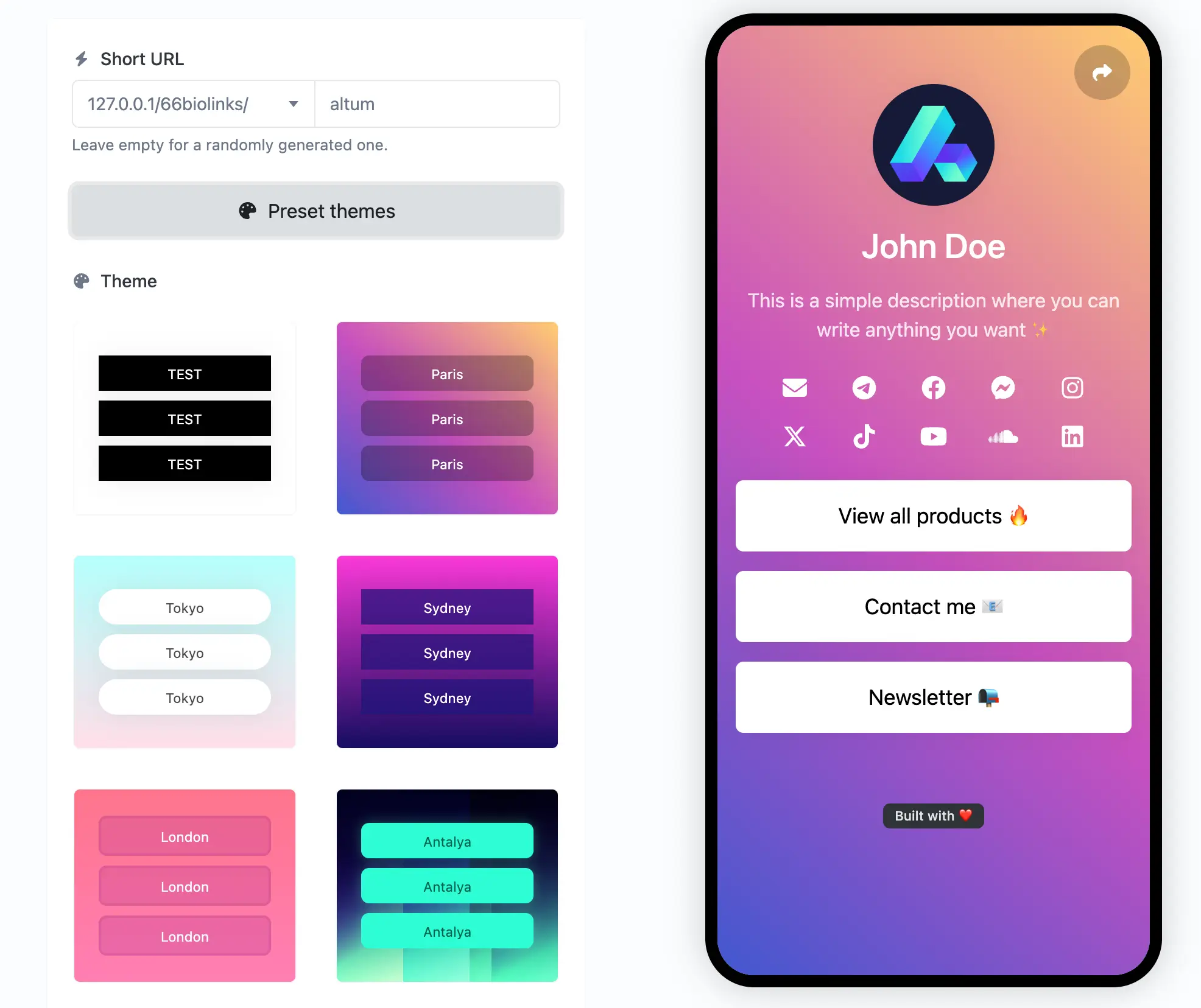 Captura de pantalla de la página de edición de biolinks de la aplicación