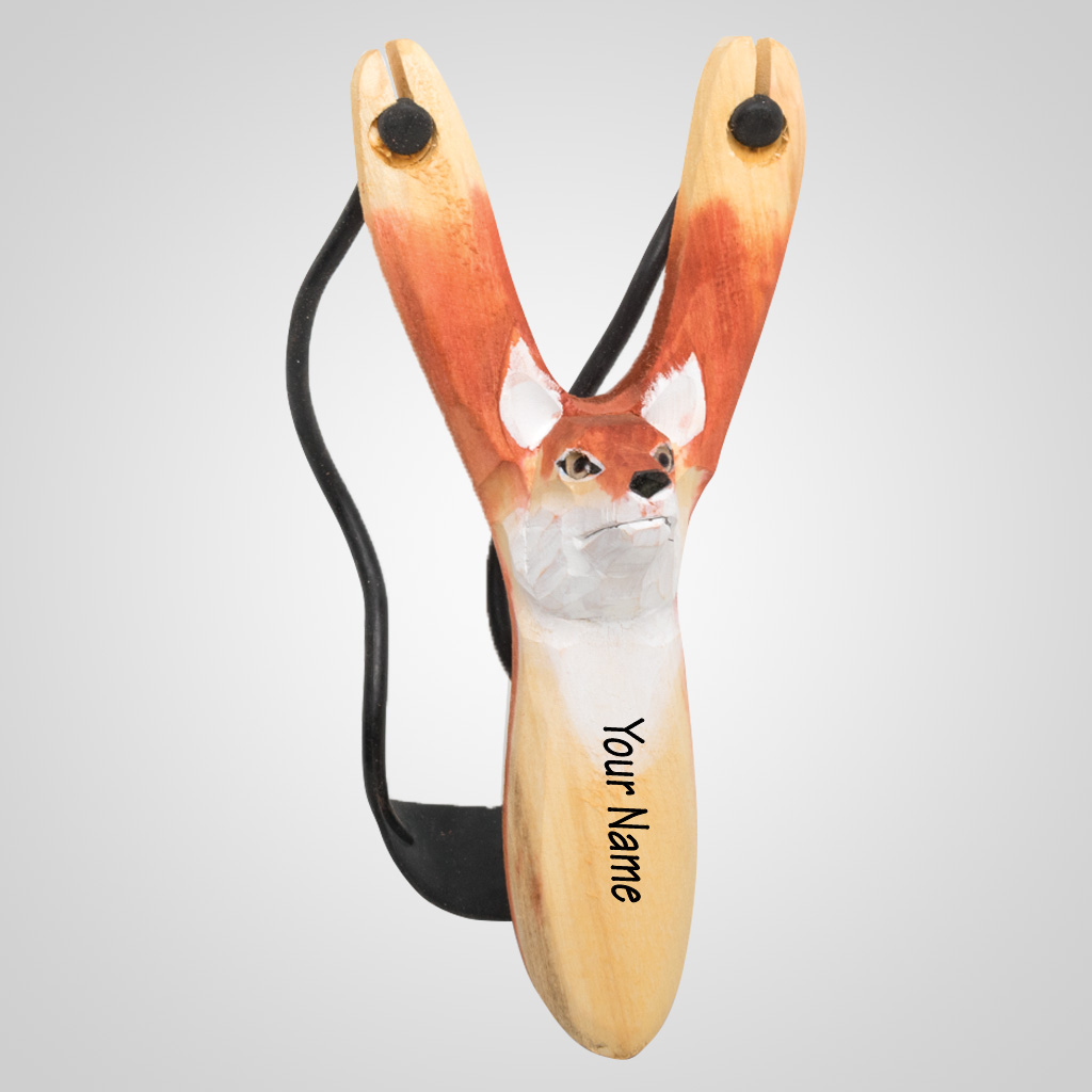 62314IM - Carved Wood Fox Slingshot, Name Drop