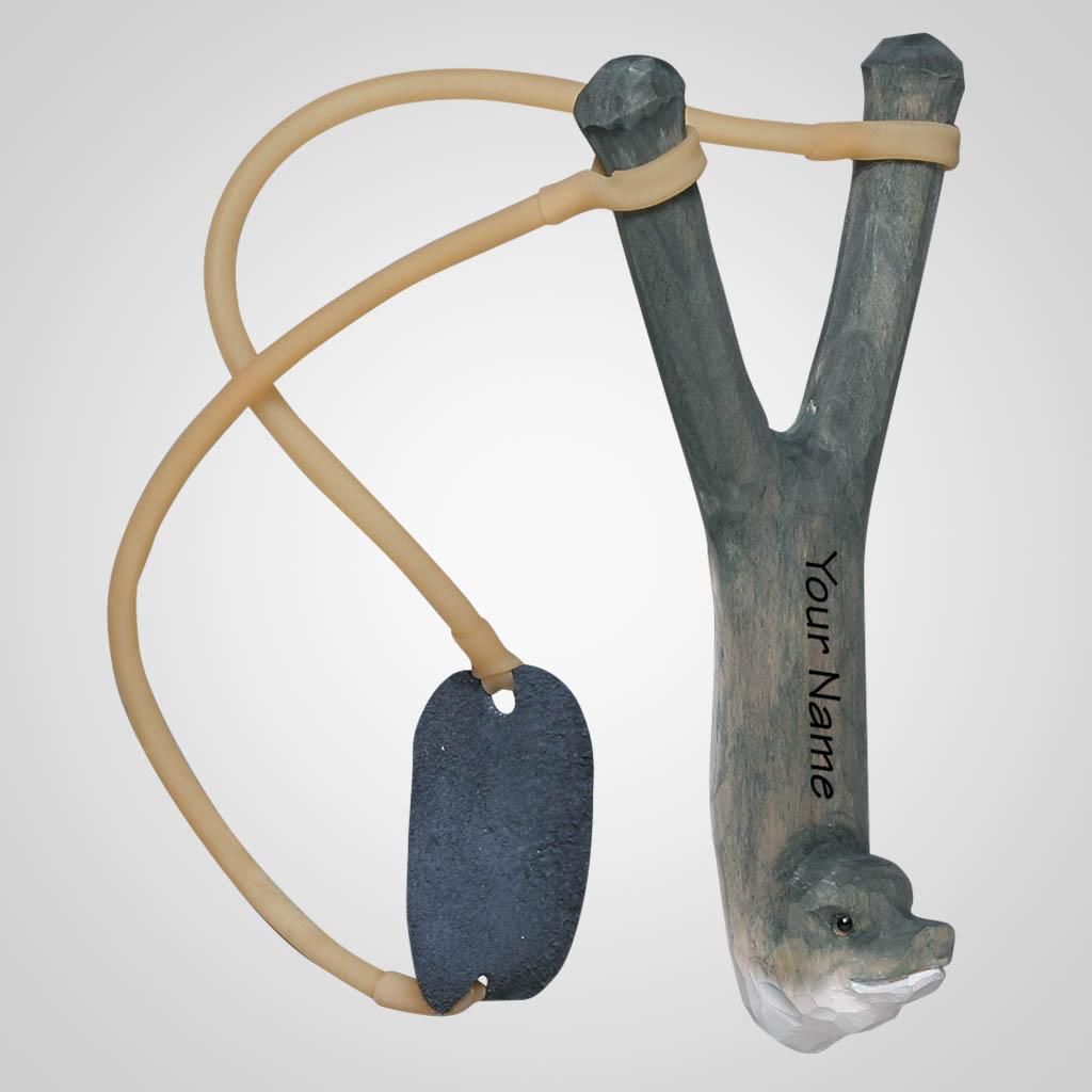 62411IM - Carved Wood Dolphin Slingshot, Name-Drop