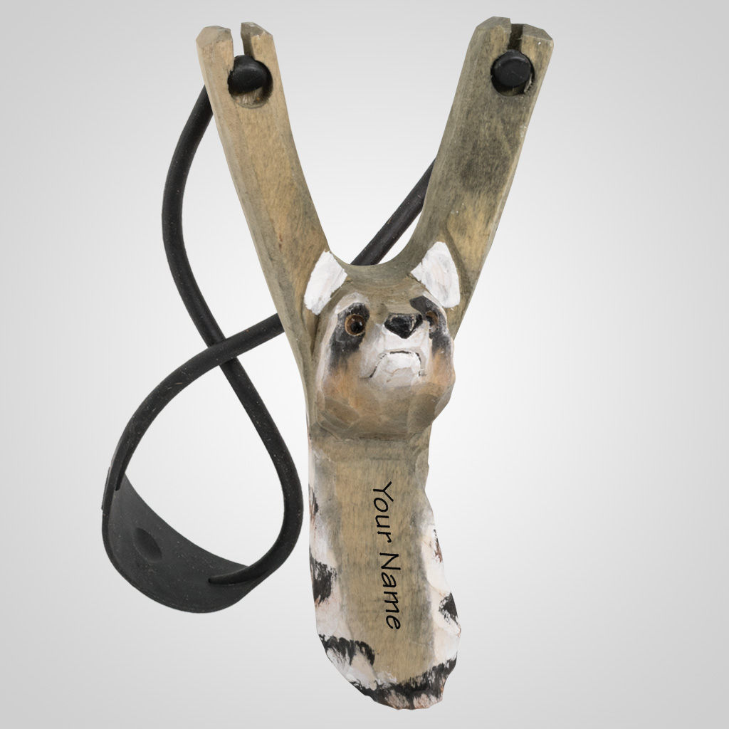 62471IM - Carved Wood Raccoon Slingshot, Name-Drop