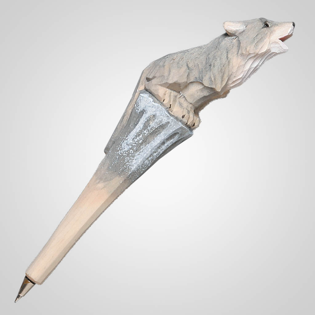 62528 - Carved Wood Howling Wolf Pen, Plain
