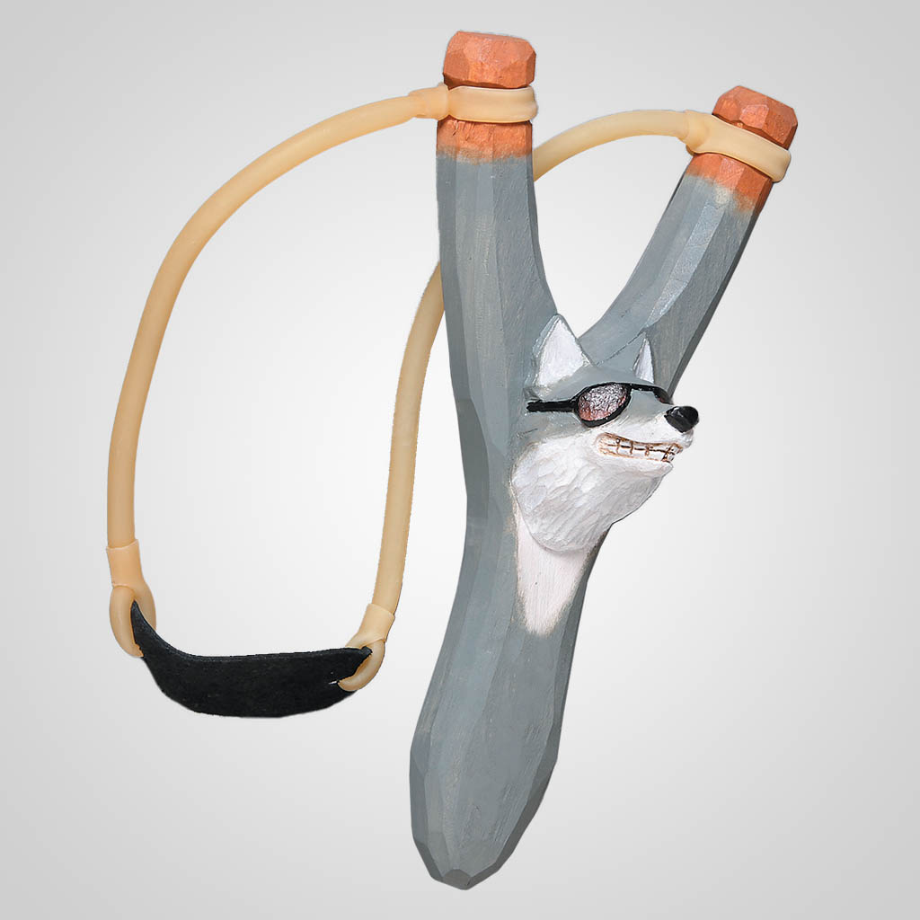 62715 - Carved Wood Comic Wolf Slingshot, Plain