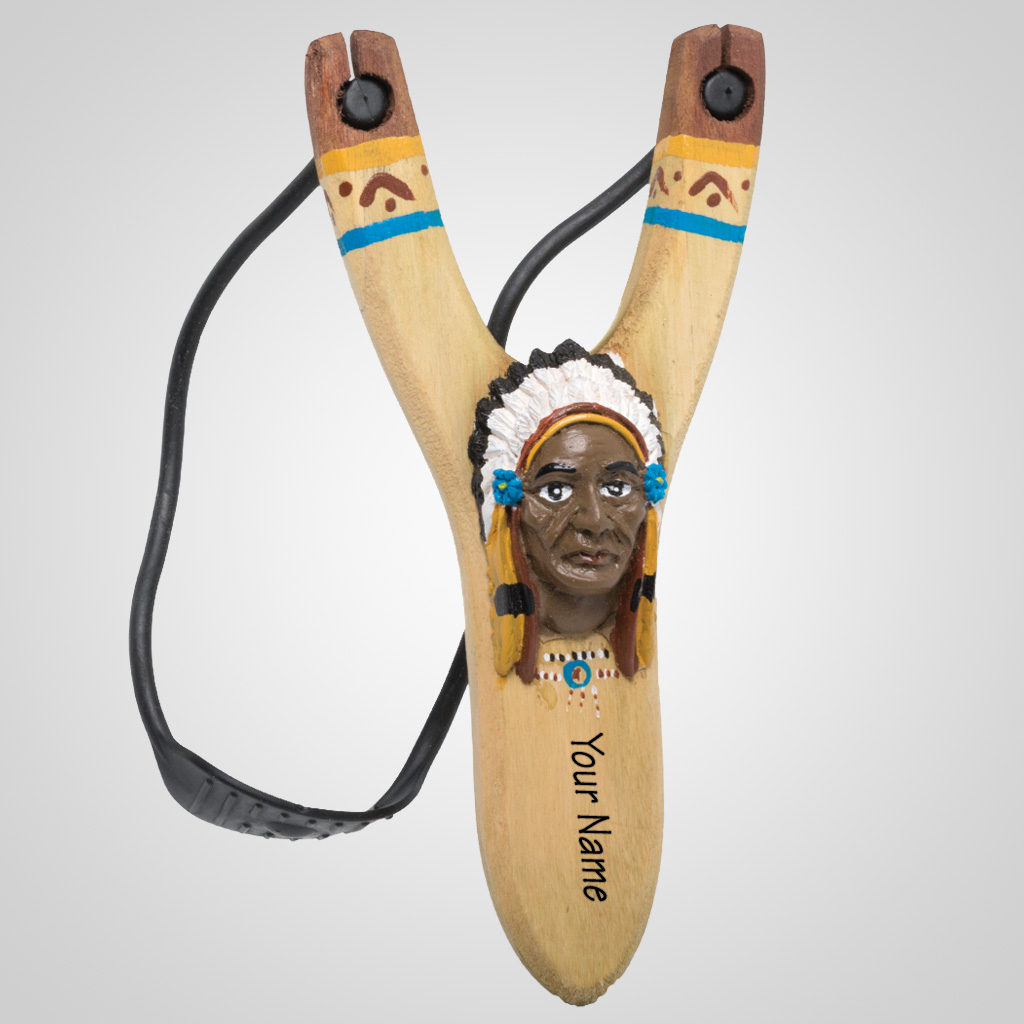 63046IM - Carved Wood Indian Chief Slingshot, Name Drop