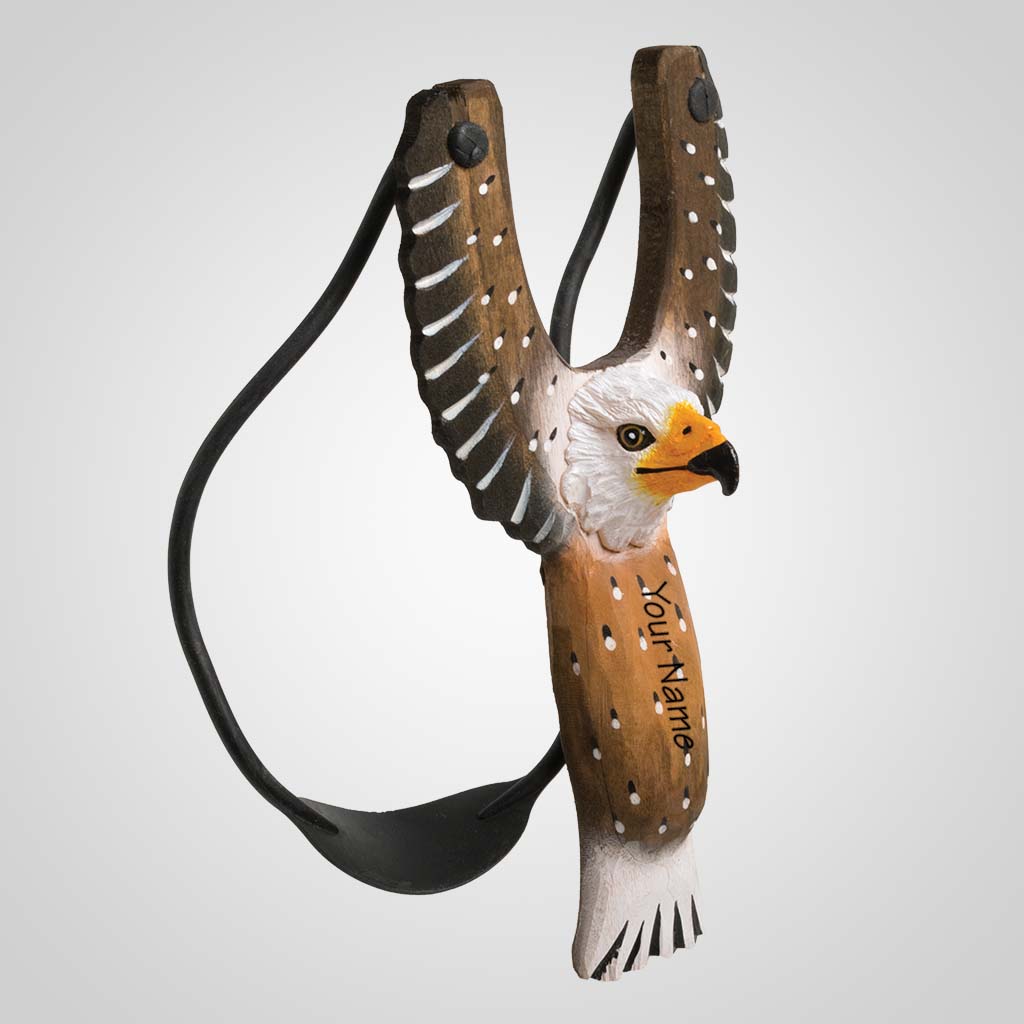 63551IM - Carved Wood Winged Eagle Slingshot, Name Drop