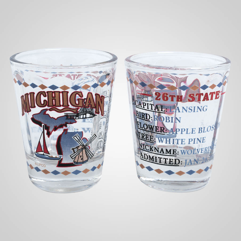 21589MI State History Shot Glass, Michigan Lipco