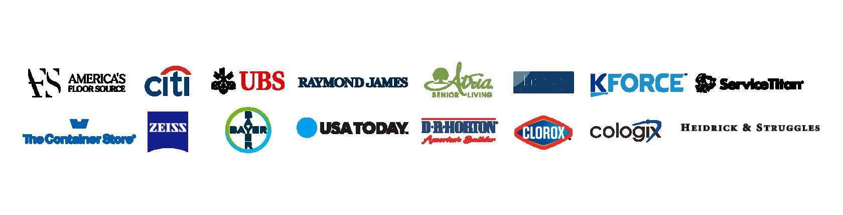 Atria Cologix Citi UBS Janney Montgomery Scott Raymond James Zeiss USA Today Americas Floor Source D R Horton Heidrick Struggles Service Titan Clorox Bayer The Container Store K Force logos all