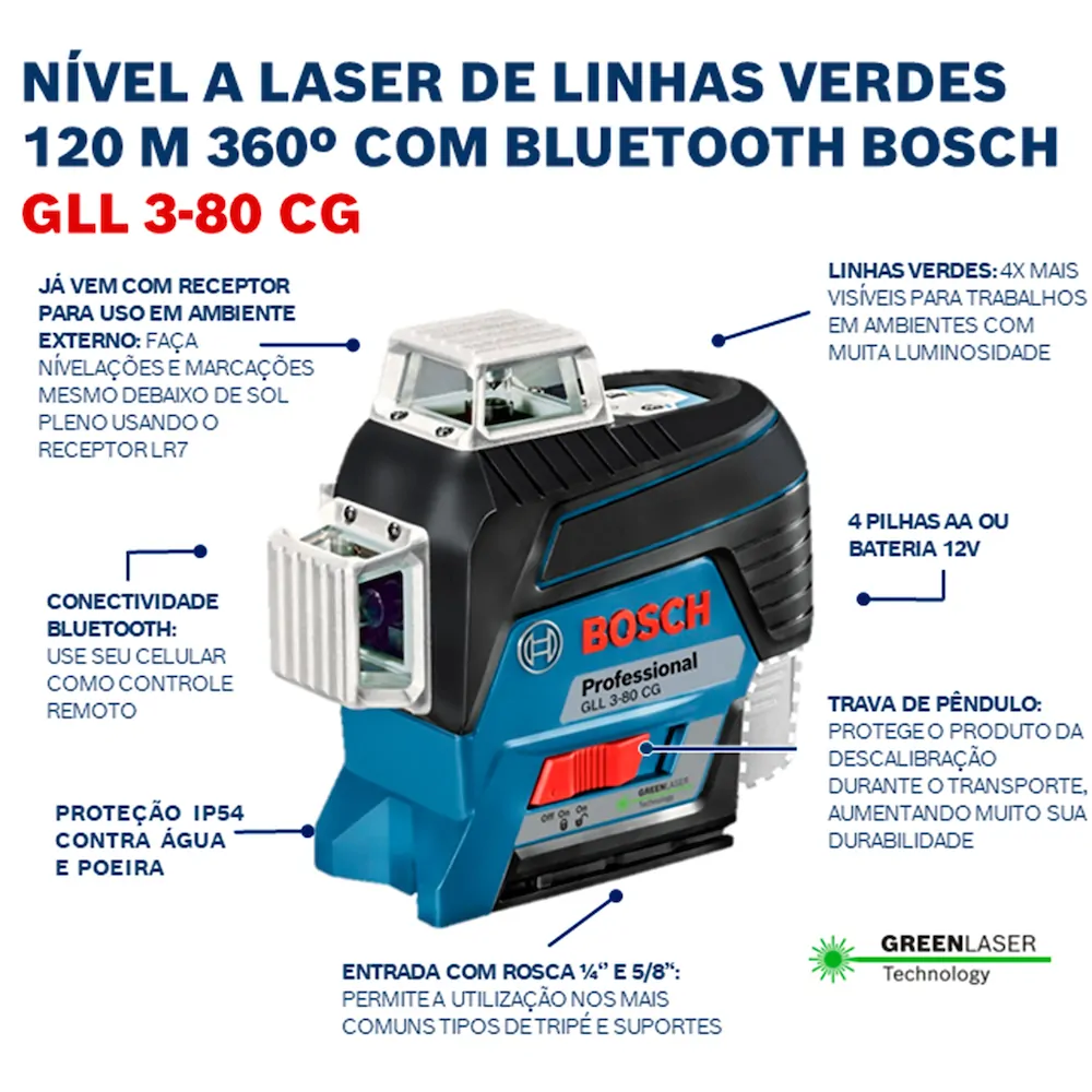 Nível a Laser Profissional GLL 3-80CG 120m 360º Verde C/ Receptor LR7 Bosch