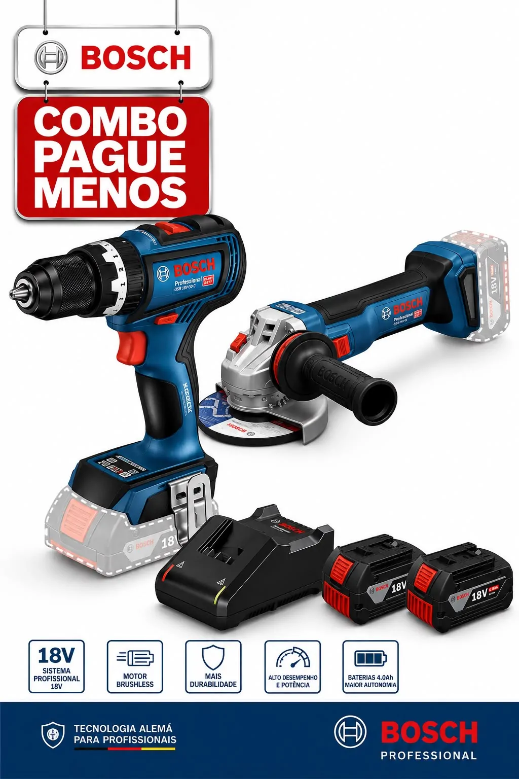 Furadeira de Impacto/Parafusadeira GSB 18V90 + Esmerilhadeira a bateria GWS 18V-11 S, com 2 baterias 18V 4,0Ah 1 carregador rápido bivolt